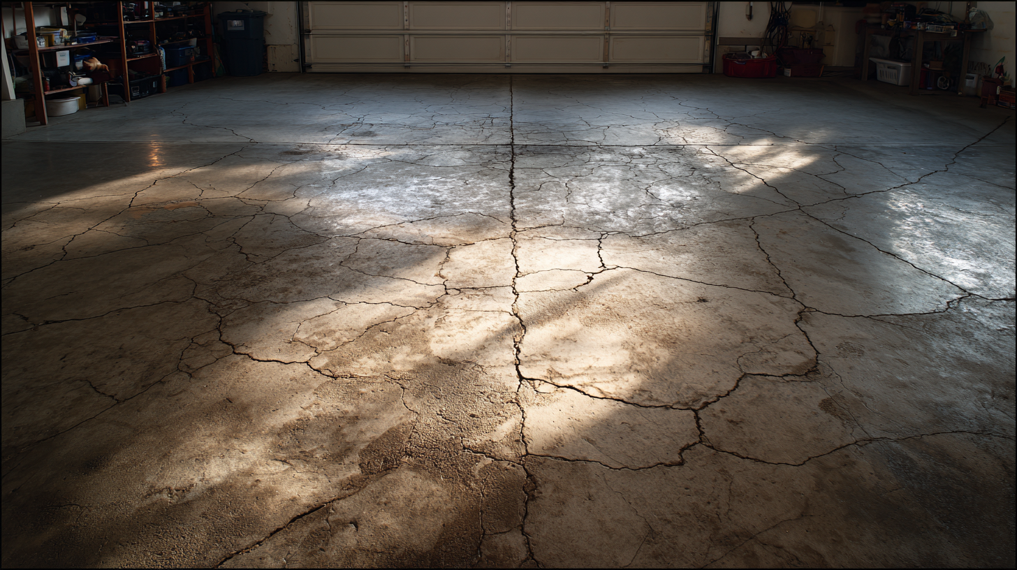 Damaged garage floor before epoxy coating